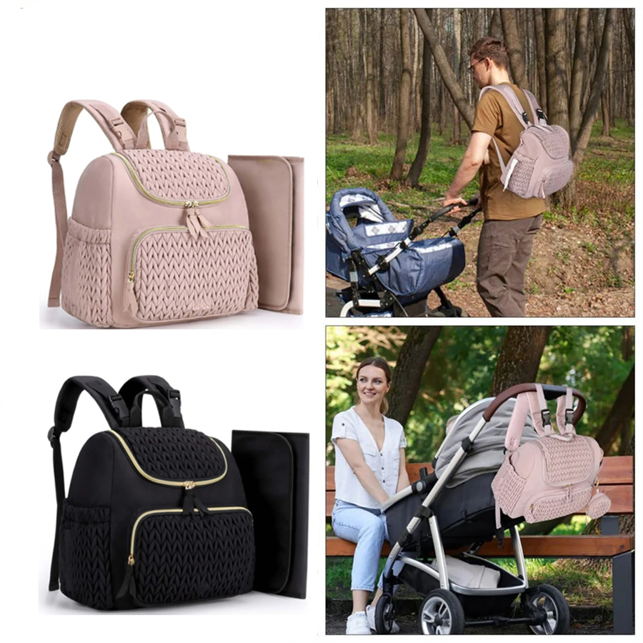 Diapering - 大容量マタニティおむつバッグバックパックニット柄ベビーおむつバックパック、屋外旅行用おむつ替えパッド付き、ベビーカー吊り下げ可能