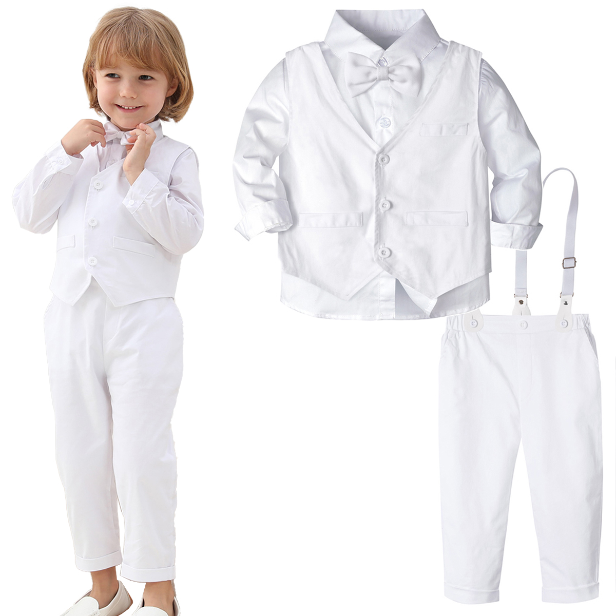 Baby Boy Suit Set Baptism - 幼児のための洗礼服、フォーマルなサスペンダースーツ、白いサスペンダーベストシャツ、男の子のための白いサスペンダー、18ヶ月から6歳、3個
