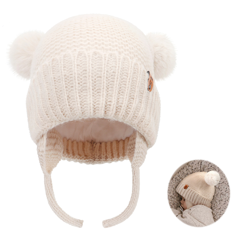 Infant Beanie Hat With Ears - ベビーウール帽子かわいい毛皮ボール耳保護帽子子供冬肥厚暖かいニット新生児ビーニーキャップ幼児アクセサリー