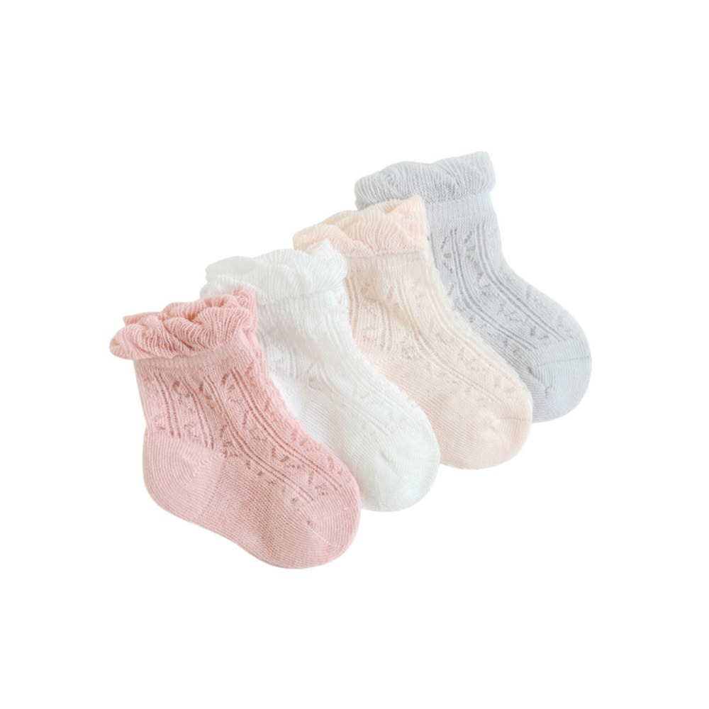 Unisex Baby Socks Non Slip - 4足組 スウィートコットン ベビーラッフルソックス 穴あき滑り止め キッズメッシュチューブソックス 新生児