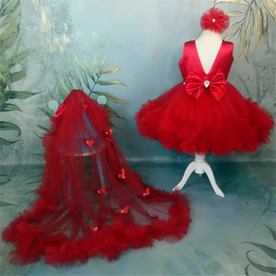 Toddler Girl Tulle Party Dress - カスタマイズされた赤いフラワーガールドレス結婚式用チュール蝶弓付きふわふわかわいい幼児の誕生日パーティーページェントボールガウン