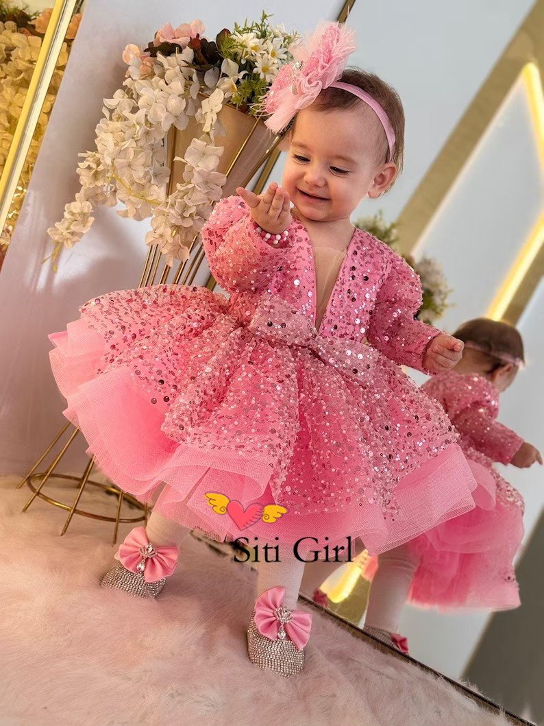 Toddler Girl Tulle Party Dress - ピンクプリンセスベビードレスフラワーガールドレス女の赤ちゃんページェントドレス最初の誕生日パーティードレスチュールドレス幼児ガールドレス