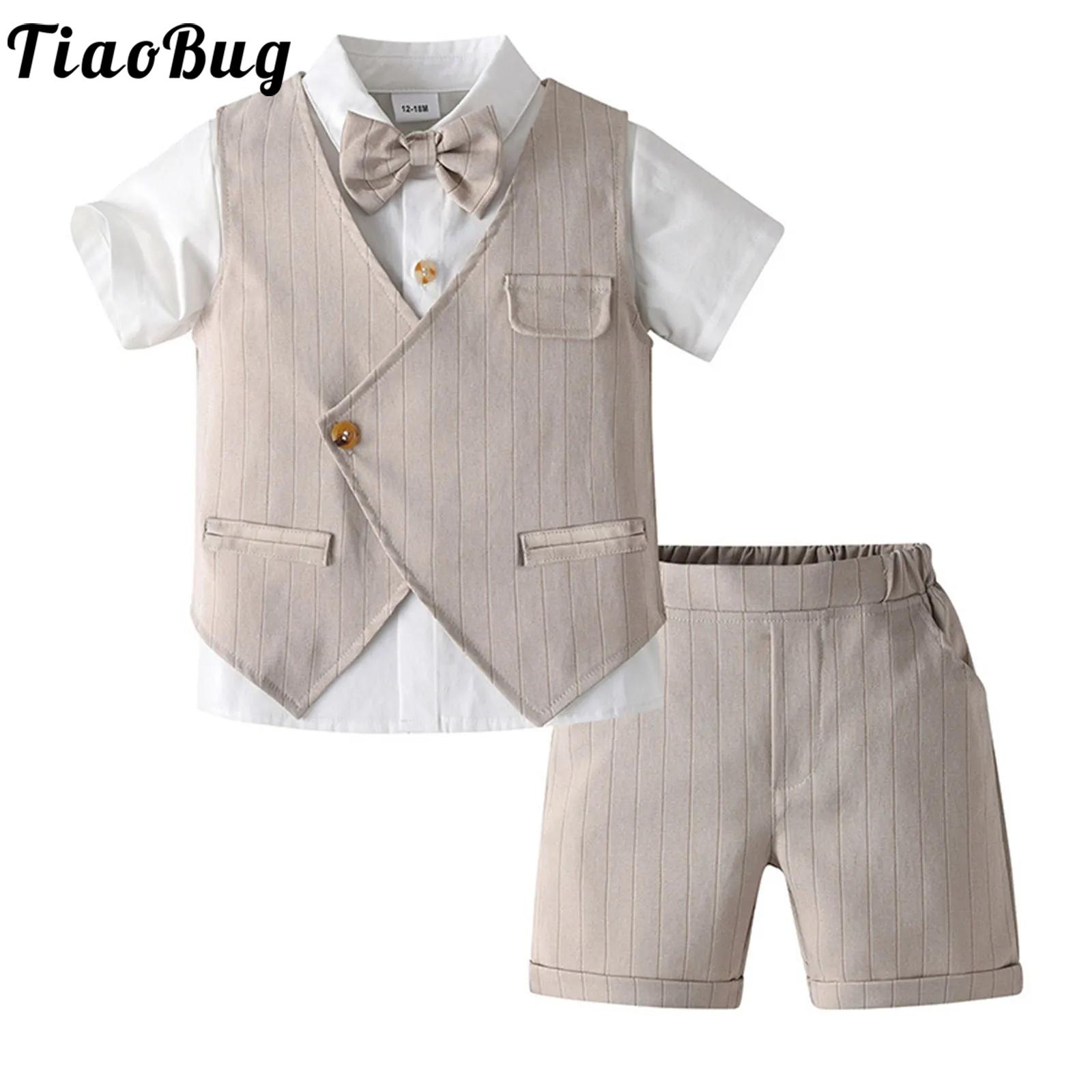 Baby Boy Suit Set Baptism - ベビー男の子服 ジェントルマンスーツ風衣装 ラペル半袖ボウベストシャツトップス ショートパンツ付き 子供洗礼式 宴会