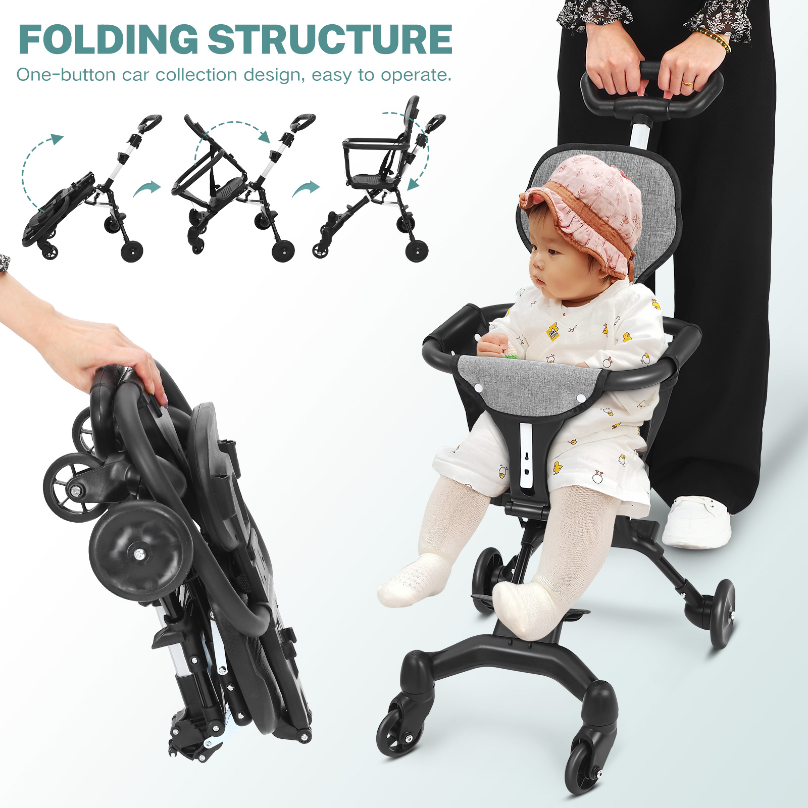 Lightweight Foldable Baby Stroller Compact - 乳幼児用コンパクト軽量折りたたみ式シート、飛行機旅行用ポータブルベビーカー、簡単折りたたみ式キャリッジベビーカー