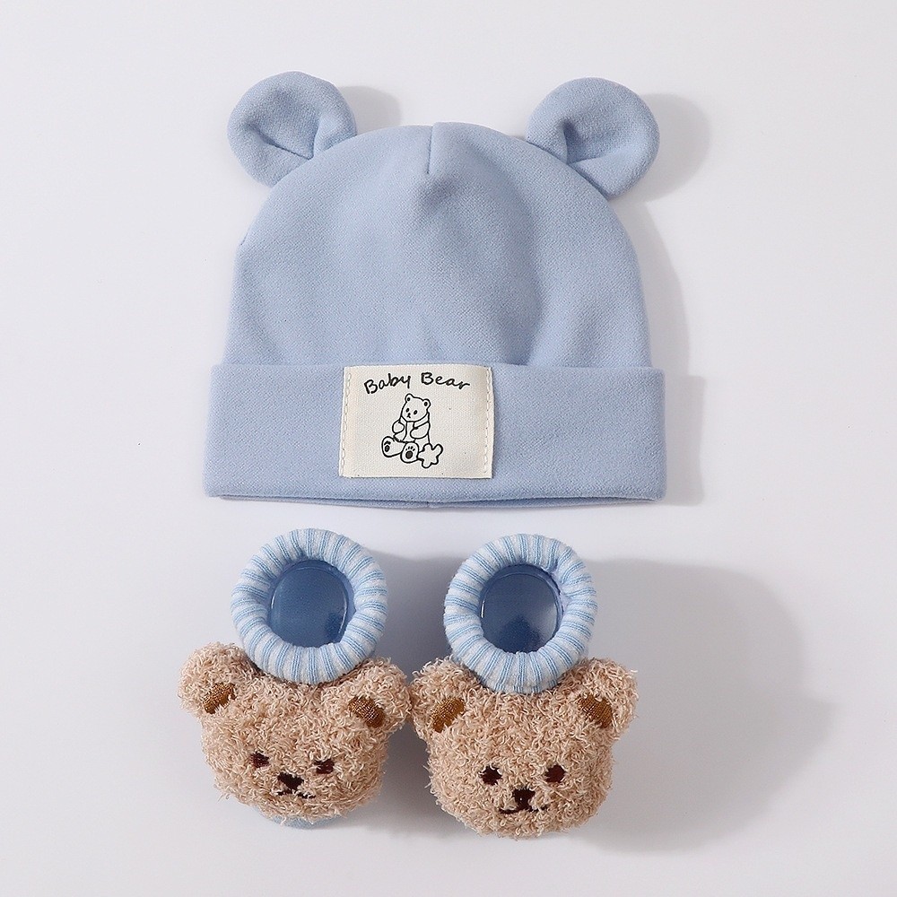 Infant Beanie Hat With Ears - 2個セット かわいいコットン製ベビーハットとソックスセット 暖かく柔らかいクマ耳ビーニー プルオーバーキャップ 漫画風ベビーキャップとソックス 新生児用