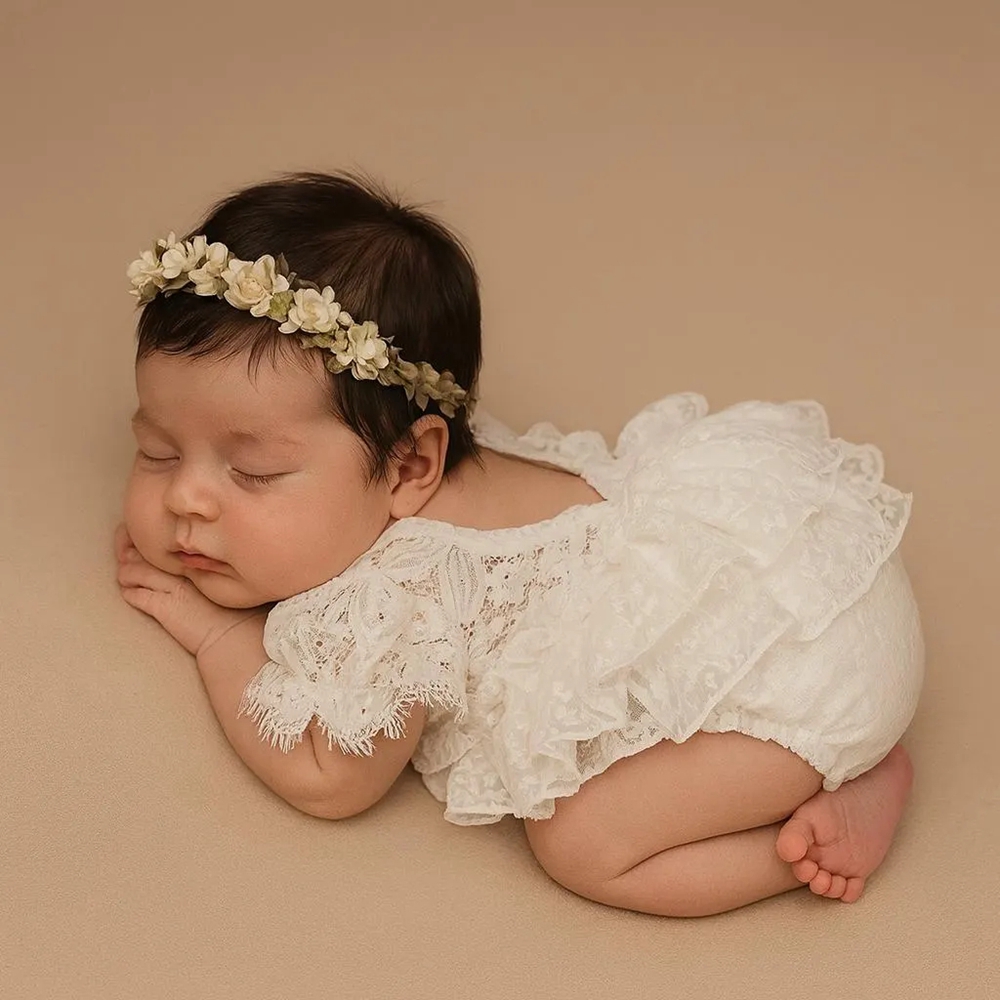 Newborn Baby Girl Romper Floral - 新生児写真撮影衣装女の子白レースオフショルダーフリルロンパースベビー写真撮影ドレス幼児プリンセス服衣装