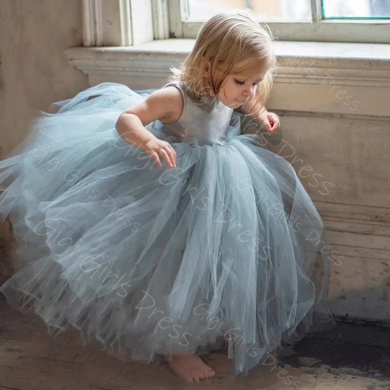 Toddler Girl Tulle Party Dress - ブルーフラワーガールドレス 結婚式用 幼児用 スパゲッティストラップ ふわふわチュール プリンセスドレス