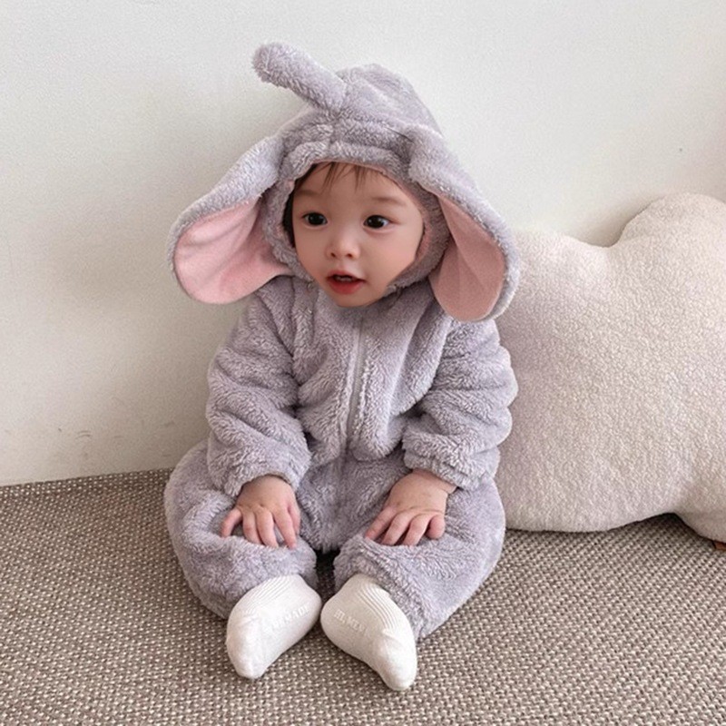 Cotton Baby Onesies Zipper - かわいい象の着ぐるみ 2026年冬 ベビーガール用ぬいぐるみロンパース 這い歩きスーツ 幼児用ソフトファーオーバーオール