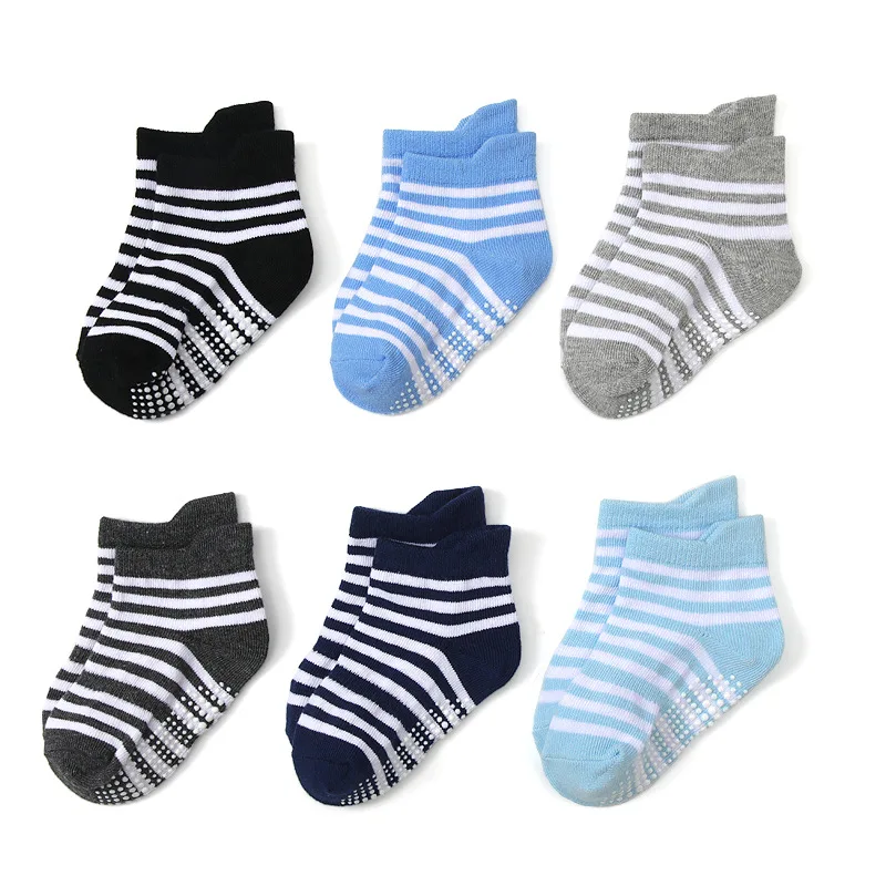 Unisex Baby Socks Non Slip - 6足組ベビーフロアソックス ストライプ柄 通気性のあるコットン製 滑り止めゴム底 男の子用