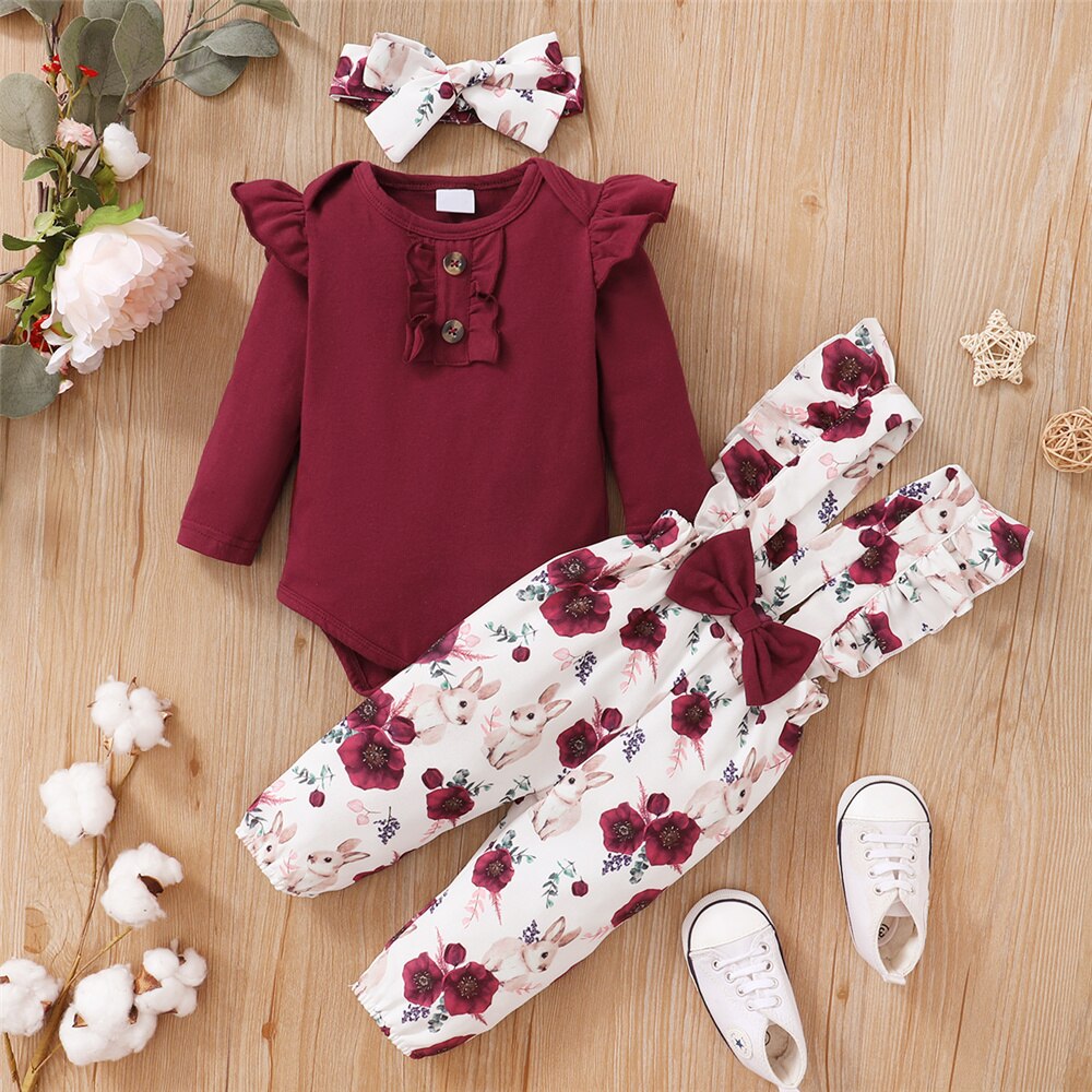 Newborn Baby Girl Romper Floral - 0-24ヶ月生まれたばかりの女の赤ちゃん3個服セット長袖ロンパース + フラワーストラップパンツ + ヘッドバンド春と秋の素敵な服