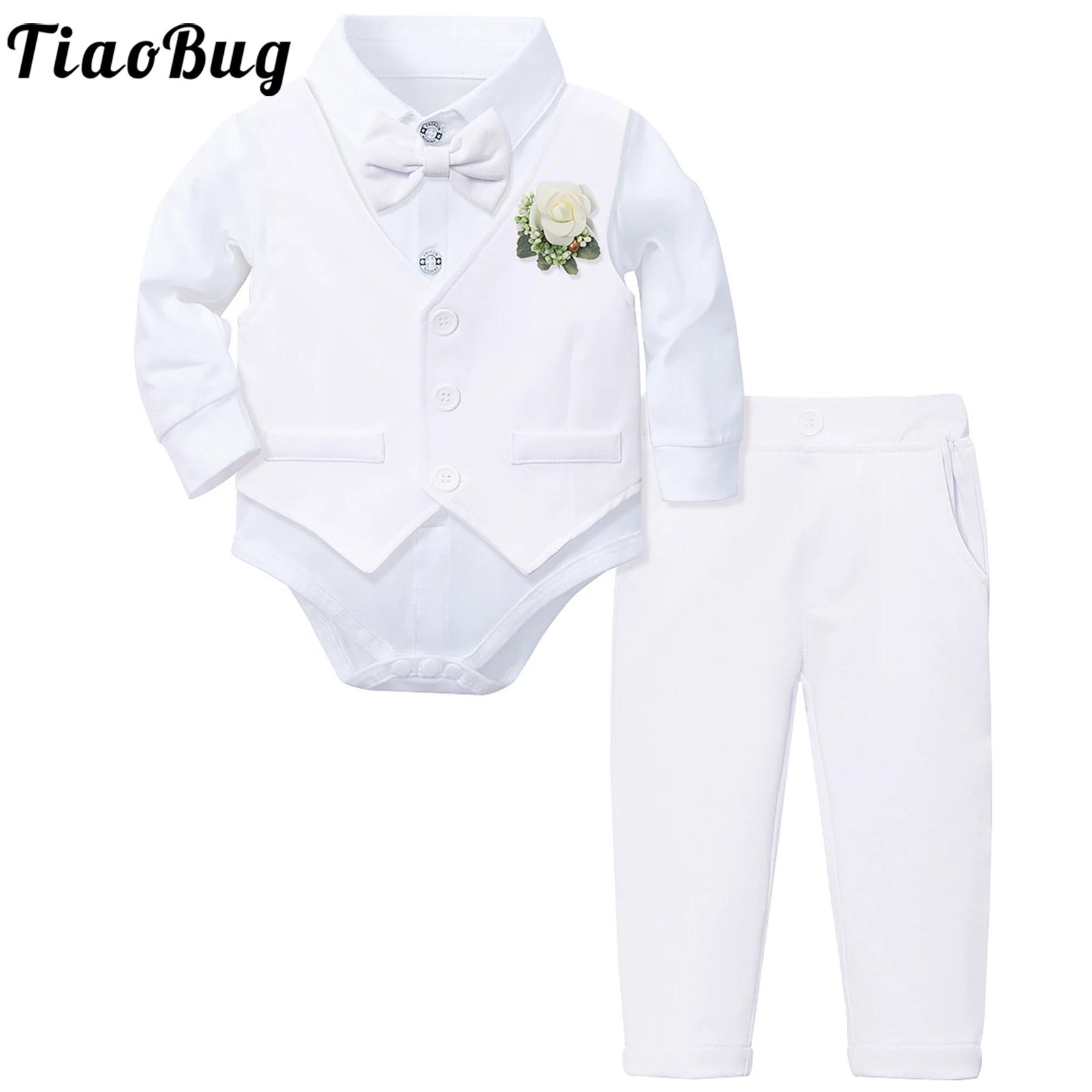 Baby Boy Suit Set Baptism - 新生児男の子洗礼服紳士スーツ長袖ボウタイロンパースチョッキパンツ付き結婚式誕生日パーティー用