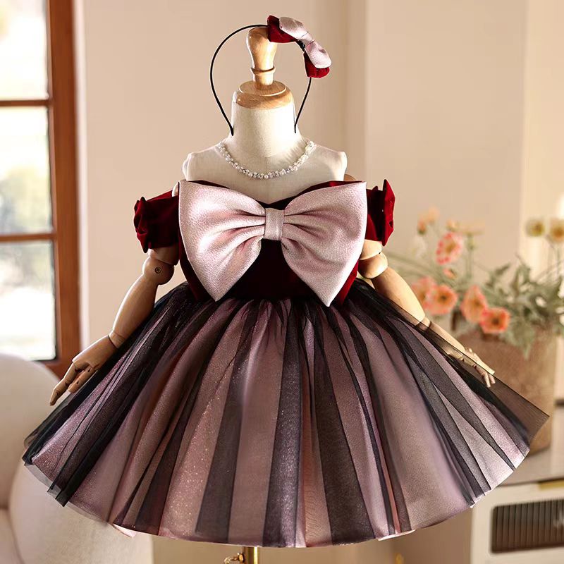 Toddler Girl Tulle Party Dress - ジル・ウィッシュ J464 エレガントなバーガンディガールドレス ビーズボウ 幼児 キッズ