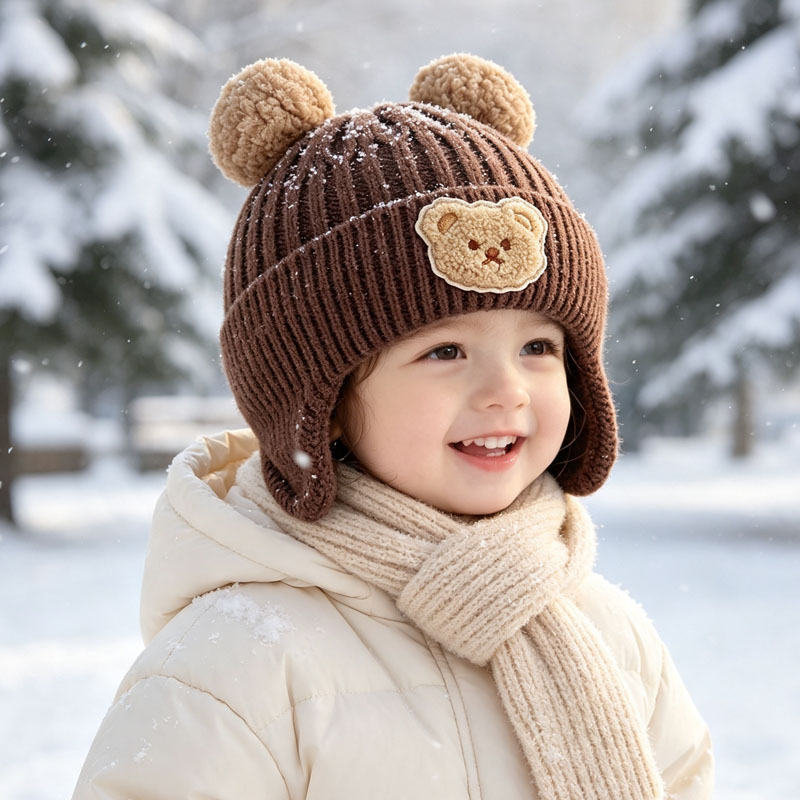 Infant Beanie Hat With Ears - 1-10個入り ベビーベア耳付きニットビーニーハット 柔らかく暖かい冬用帽子 乳幼児用 男の子 女の子用