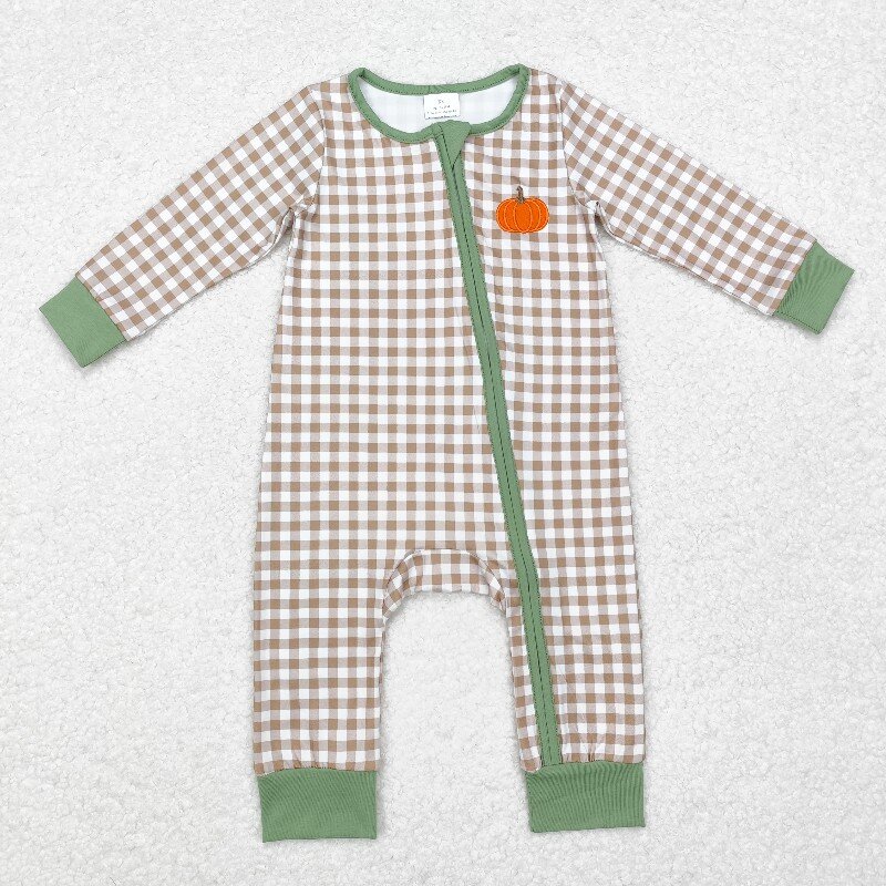 Cotton Baby Onesies Zipper - 8.19y ボーイズ感謝祭ベビーロンパース卸売ブティック刺繍カボチャカーキチェック柄ジッパー長袖カバーオール