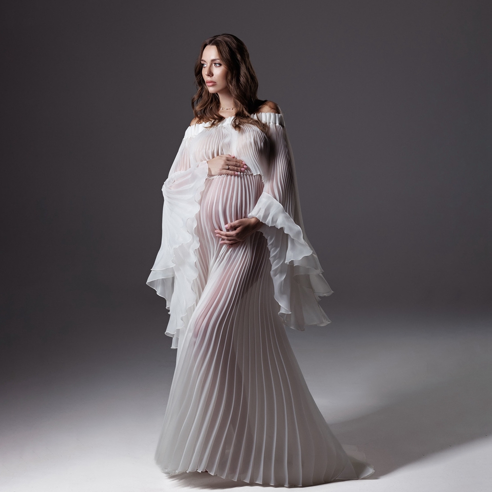 Maternity Wear - プリーツマタニティ写真撮影用ドレス ホワイトメッシュガウン 写真撮影用 ベルスリーブ 妊婦用 シースルーマキシドレス