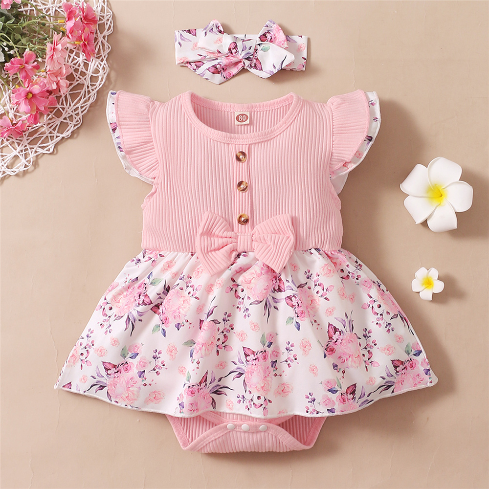 Newborn Baby Girl Romper Floral - 0〜18ヶ月の赤ちゃんのための2ピースの花柄ロンパース,袖付きの夏服,ヘッドバンド付き