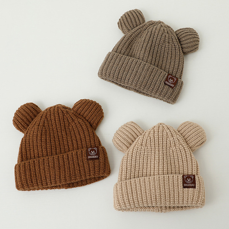 Infant Beanie Hat With Ears - クマの赤ちゃん冬用帽子漫画の耳付き暖かいニットキッズハット女の子男の子用無地幼児ビーニー幼児用キャップ子供用帽子6ヶ月～2歳