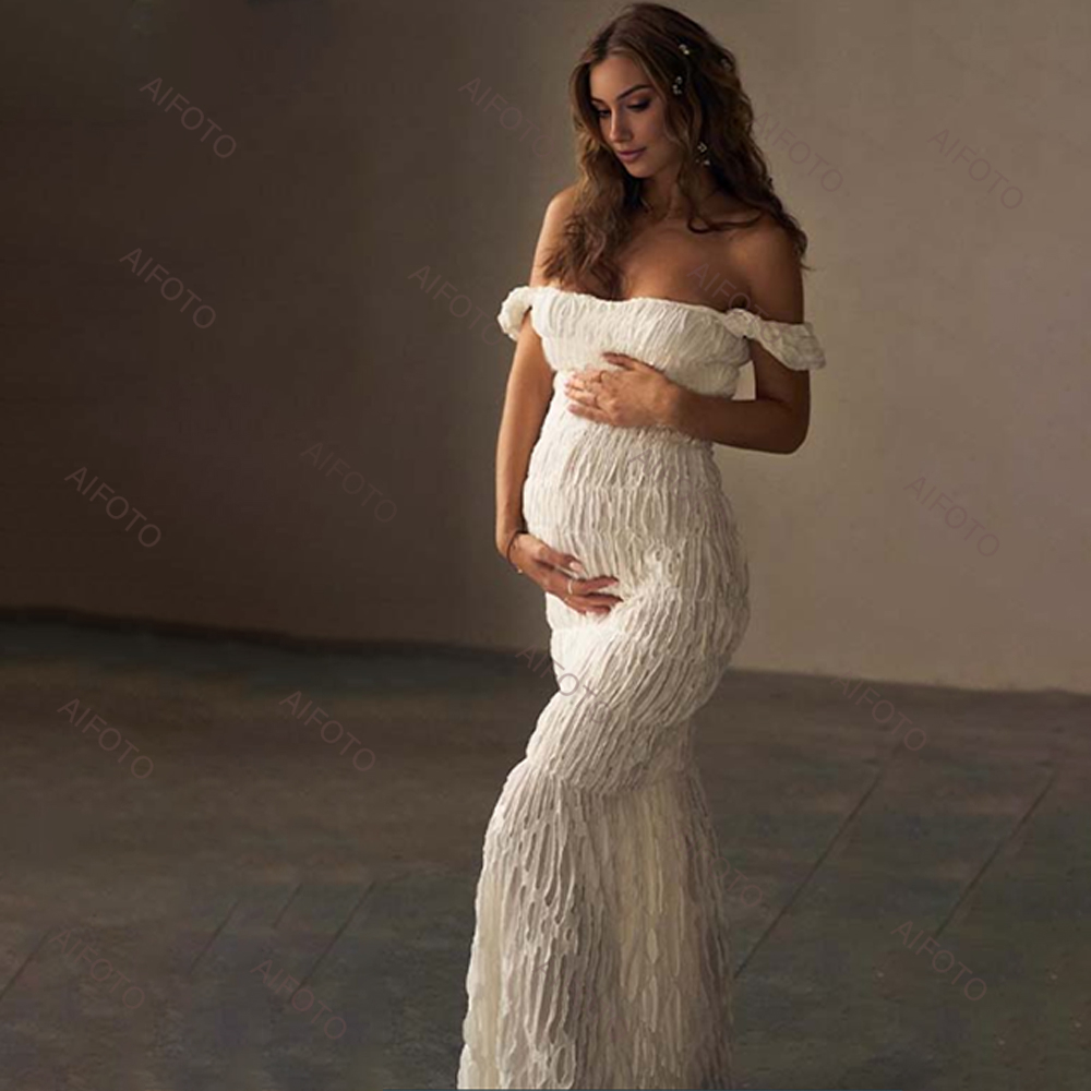 Maternity Wear - マタニティドレス写真スタジオ妊娠ドレスエレガントなプリーツマキシスカートお世辞妊婦の写真セッションドレス