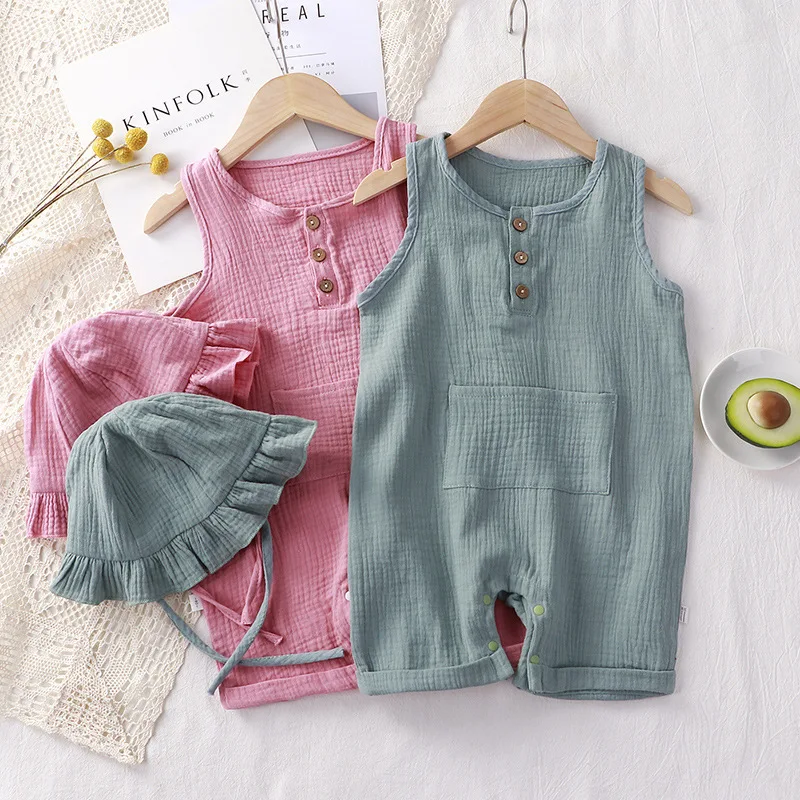 Baby Summer Linen Sleeveless Jumpsuit - ベビーコットンノースリーブロンパーススーツ、帽子付き新生児ロンパース、ソリッドモスリン服、男の子と女の子の衣装、夏、セットあたり2個