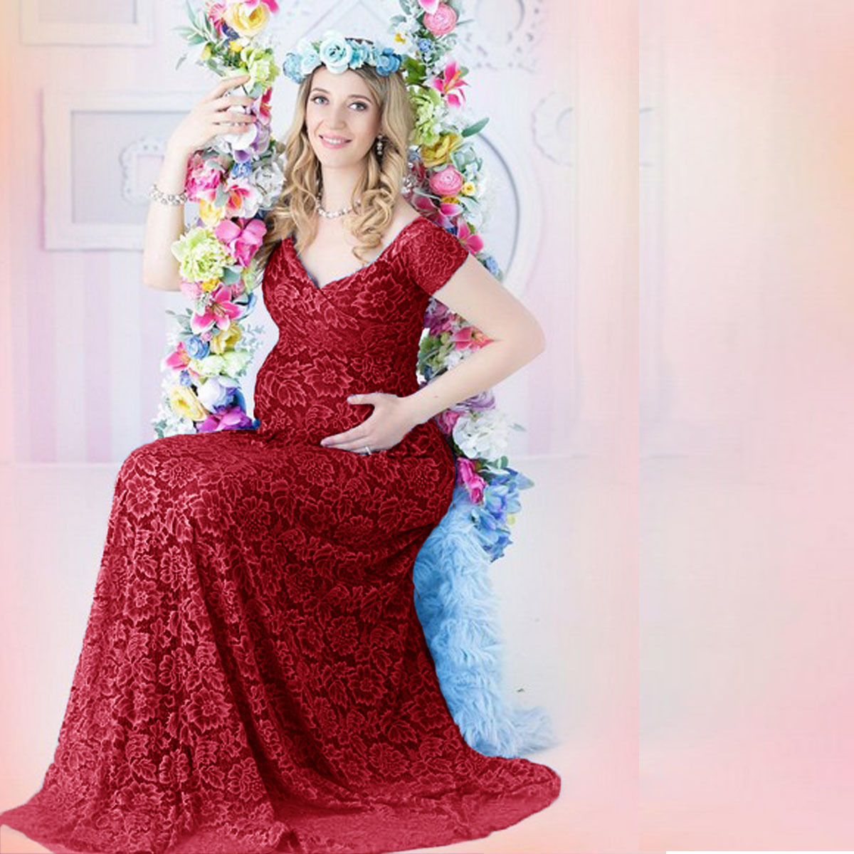 Maternity Wear - ヨーロッパ系アメリカ人向けマタニティウェア、レースのトレーン付き半袖マキシドレス、写真撮影用フリルスリーブドレス、若い妊婦さんの妊娠写真撮影用