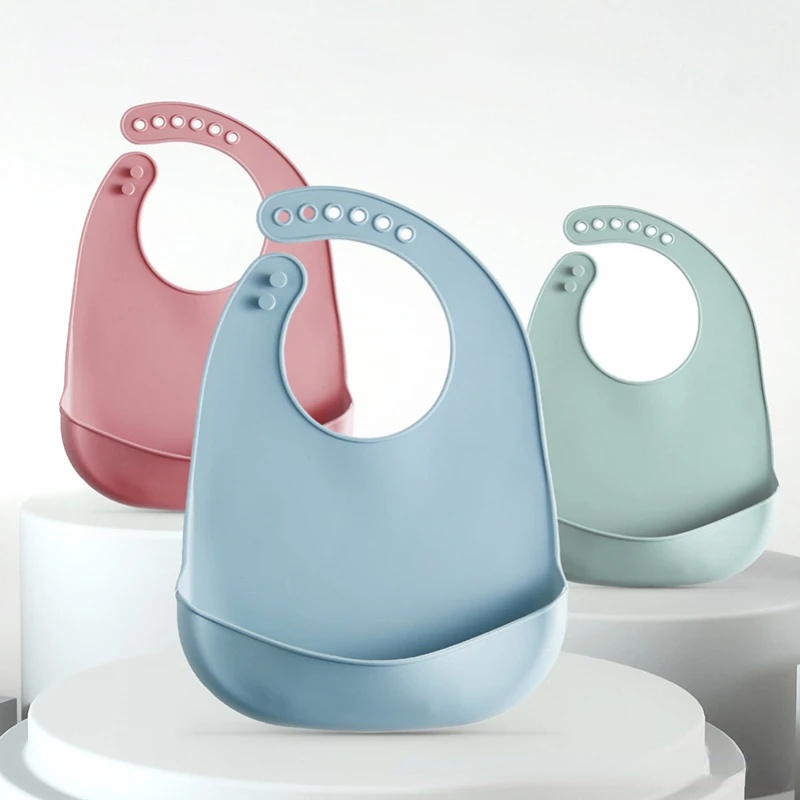 Waterproof Baby Bibs Silicone - 1-5枚セット ベビーシリコンビブ 防水ビブ 無地 6段階調整 よだれポケット付き
