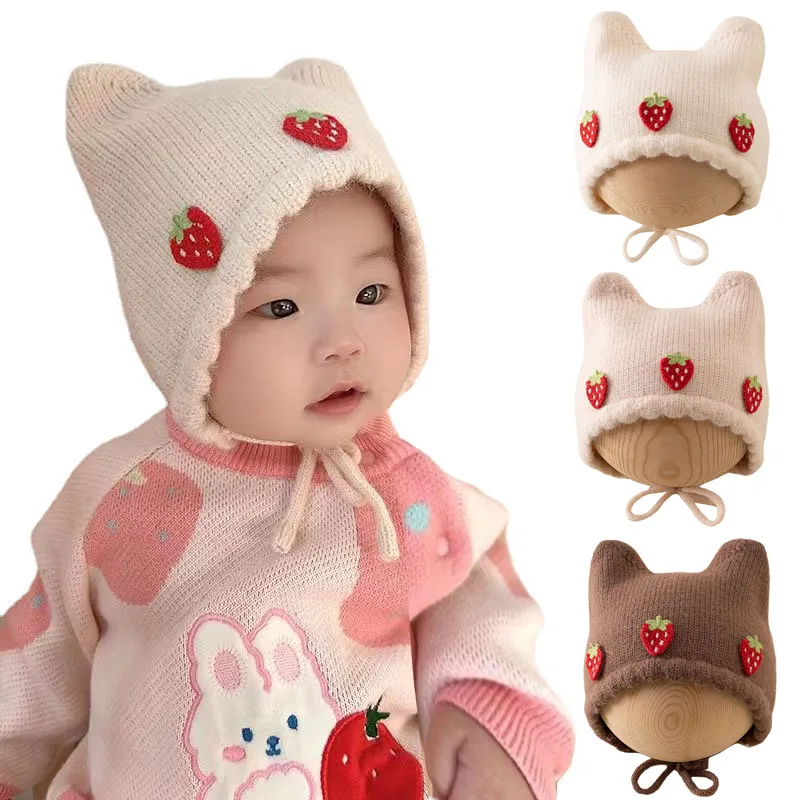 Infant Beanie Hat With Ears - 新しい秋冬女の赤ちゃん帽子かわいいイチゴ耳幼児ビーニーキャップ幼児キッズ帽子暖かいニット女の子ボンネット