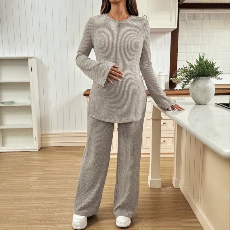 Maternity Wear - ニットマタニティスーツ ホーンロングスリーブスリットトップ ワイドレッグパンツ カジュアルホームウェア ツーピースセット