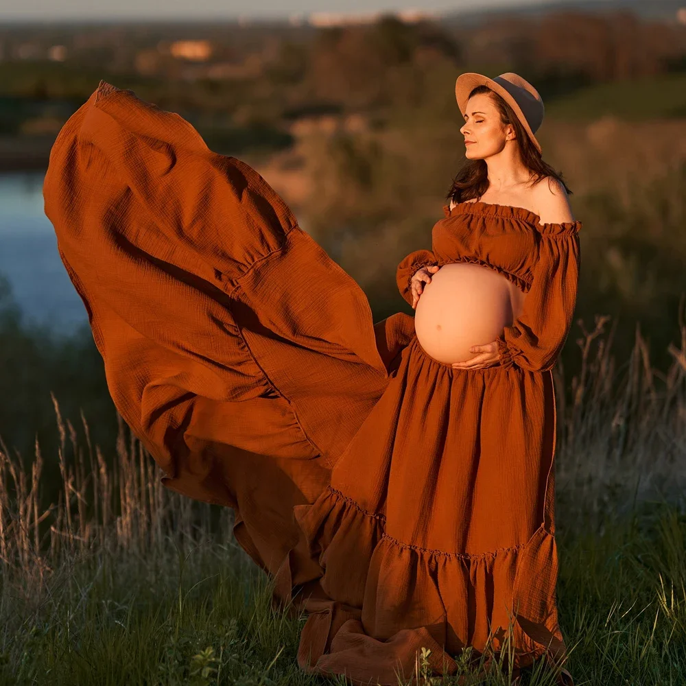 Maternity Wear - セクシーなオフショルダーレトロマタニティ写真撮影ドレス快適な妊娠着用リネンコットンボヘミアントップ大きなスカート写真撮影