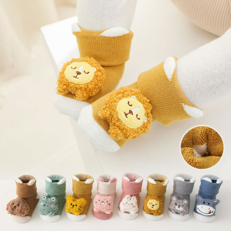 Unisex Baby Socks Non Slip - 生まれたばかりの赤ちゃんのための漫画の動物の靴下、幼児のための滑り止めの靴下、幼児のための厚い暖かい靴下、女の子と男の子のための床の靴下、0〜3歳、かわいい、冬
