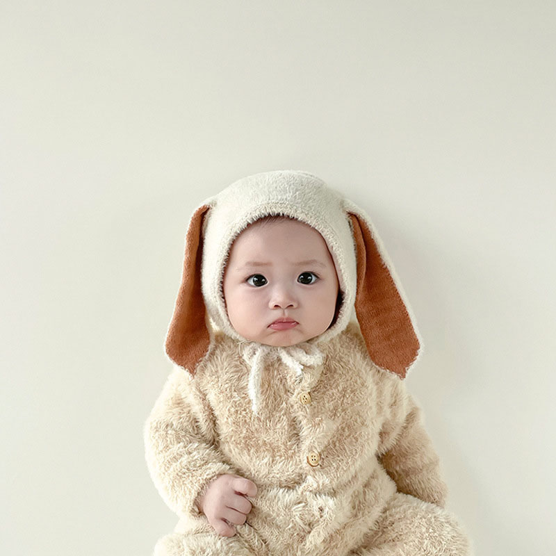 Infant Beanie Hat With Ears - 赤ちゃん用のウサギの耳が付いたウサギの形をしたウールの帽子,女の子用の調節可能なキャップ,厚くて暖かい,幼児用のボンネットアクセサリー