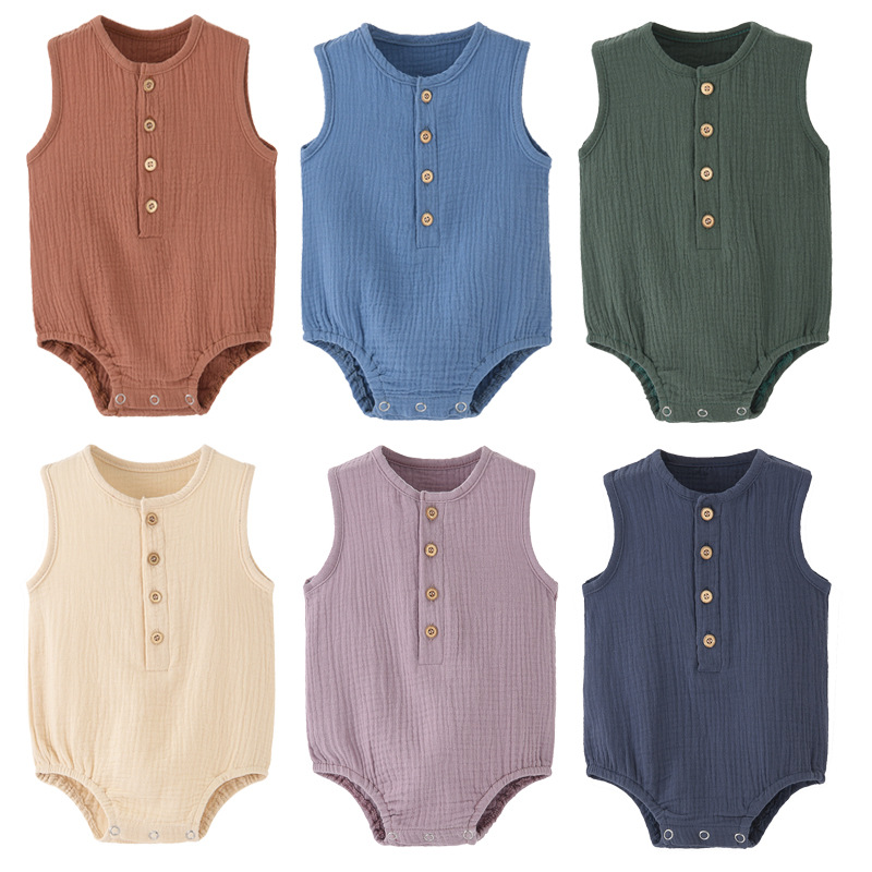 Baby Summer Linen Sleeveless Jumpsuit - 夏用、無地、新生児用、100％コットンリネン素材のベビー服、男の子・女の子用、袖なしロンパース、柔らかく肌触りが良く、薄手で快適。