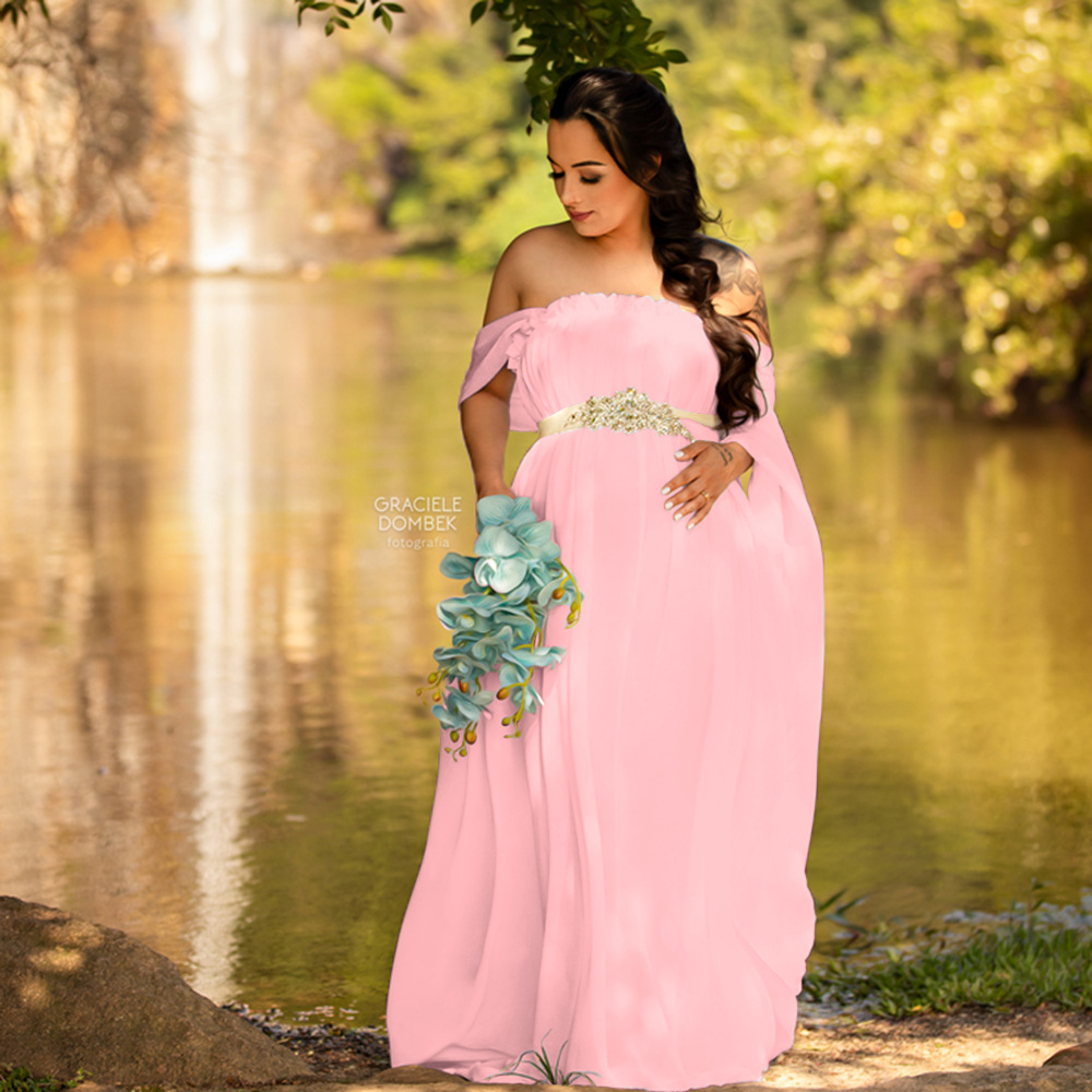Maternity Wear - ヨーロッパとアメリカの女性用ウェア、レースのマタニティトレーンショートスリーブマキシドレス、写真撮影用フラッタースリーブドレス、若い妊婦向け