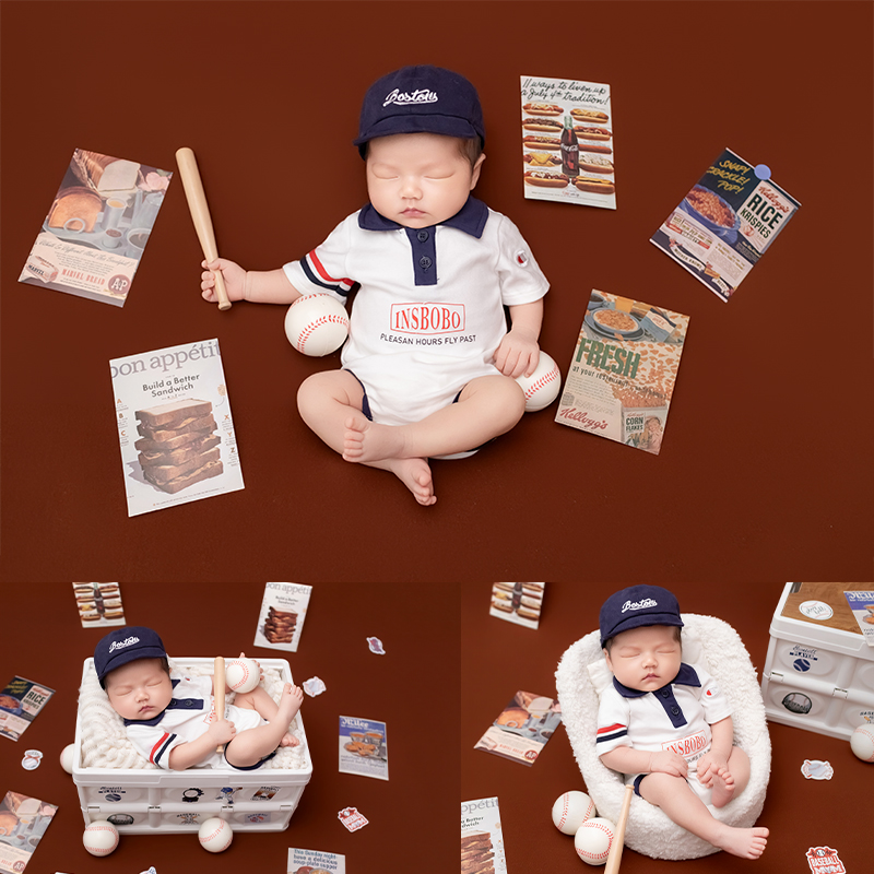 Infant Photography Props Outfit - スポーツ野球をテーマにした新生児用写真撮影衣装、半袖ロンパース、刺繍入り帽子、幼児用スタジオ写真撮影用小道具