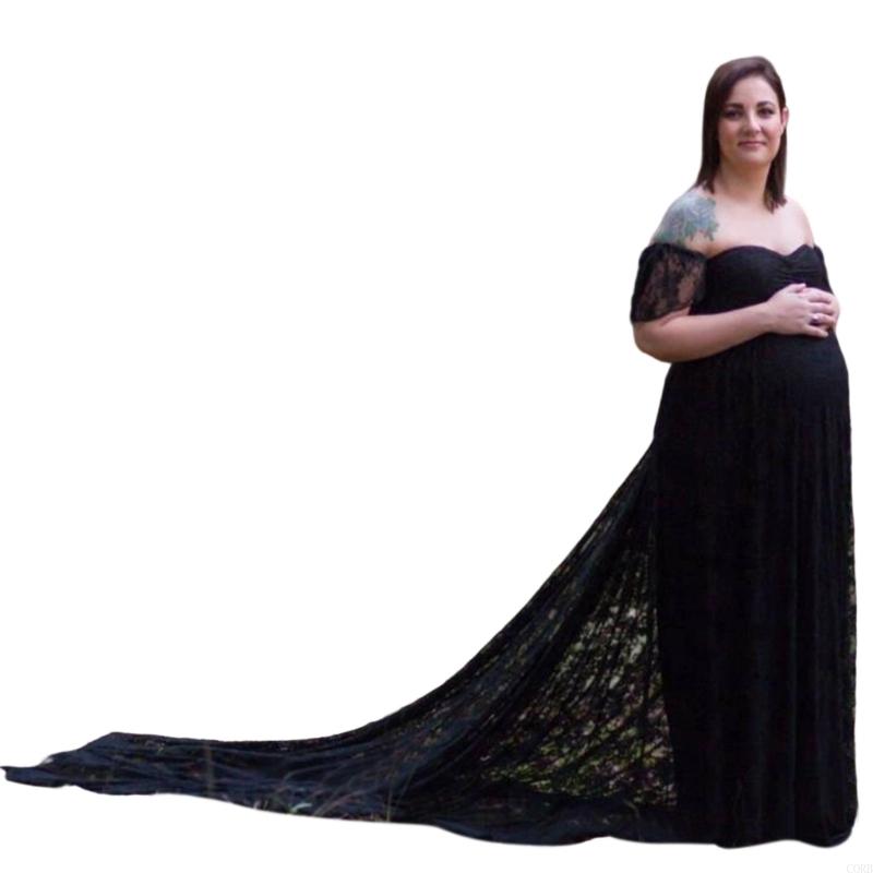 Maternity Wear - CORB 通気性のあるマタニティ ガウンは、繊細なレースと流れるようなトレーンの伸縮性ドレスで構成されており、妊娠中の体の変化に対応します。