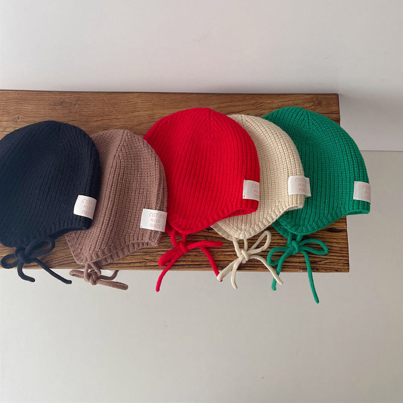 冬暖かい子供の耳保護帽子無地ウールベビーニットビーニー 4- - Infant Beanie Hat With Ears のレビューと価格