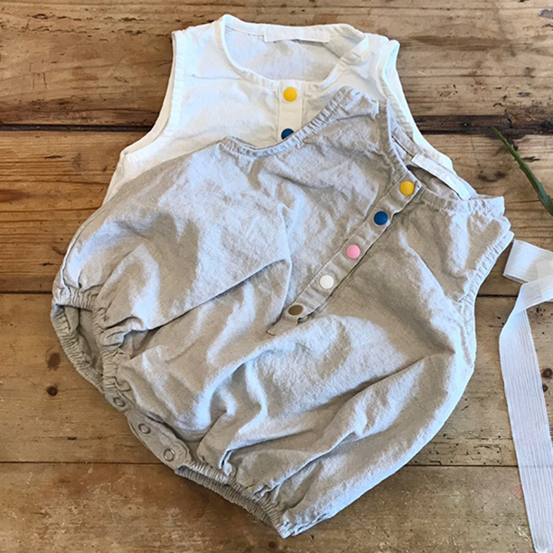 男の子と女の子のためのノースリーブのリネンとコットンロンパー - Baby Summer Linen Sleeveless Jumpsuit のレビューと価格