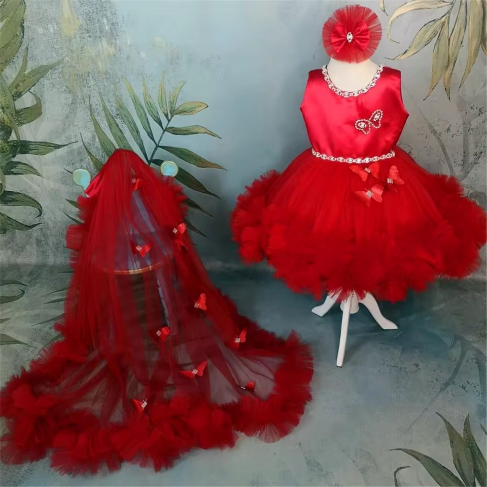 カスタマイズされた赤いフラワーガールドレス結婚式用チュール蝶 - Toddler Girl Tulle Party Dress のレビューと価格