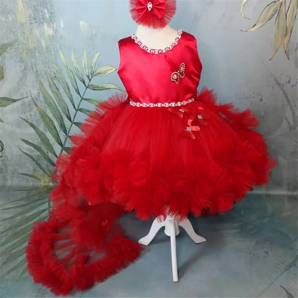 カスタマイズされた赤いフラワーガールドレス結婚式用チュール蝶 - Toddler Girl Tulle Party Dress のレビューと価格