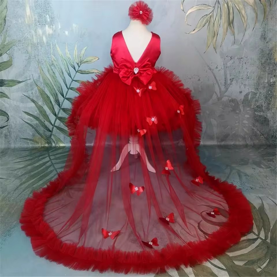 カスタマイズされた赤いフラワーガールドレス結婚式用チュール蝶 - Toddler Girl Tulle Party Dress のレビューと価格