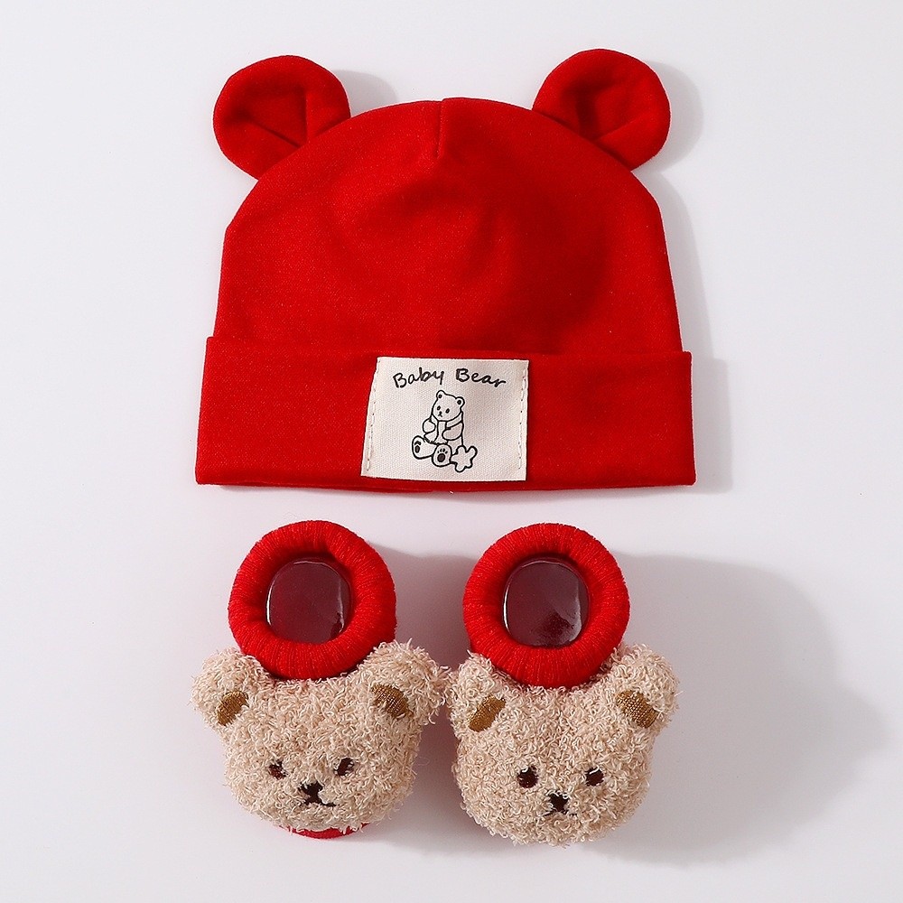 2個セット かわいいコットン製ベビーハットとソックスセット  - Infant Beanie Hat With Ears のレビューと価格