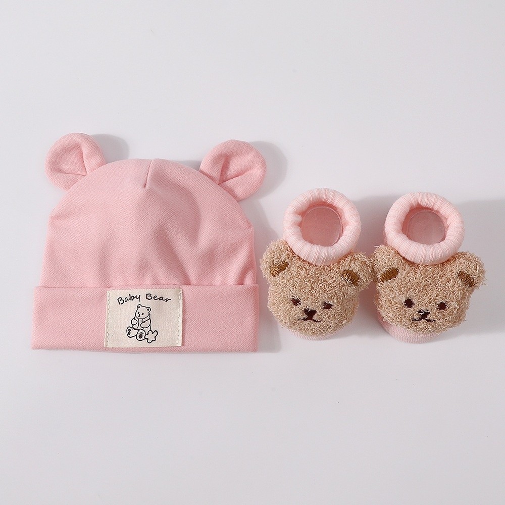 2個セット かわいいコットン製ベビーハットとソックスセット  - Infant Beanie Hat With Ears のレビューと価格