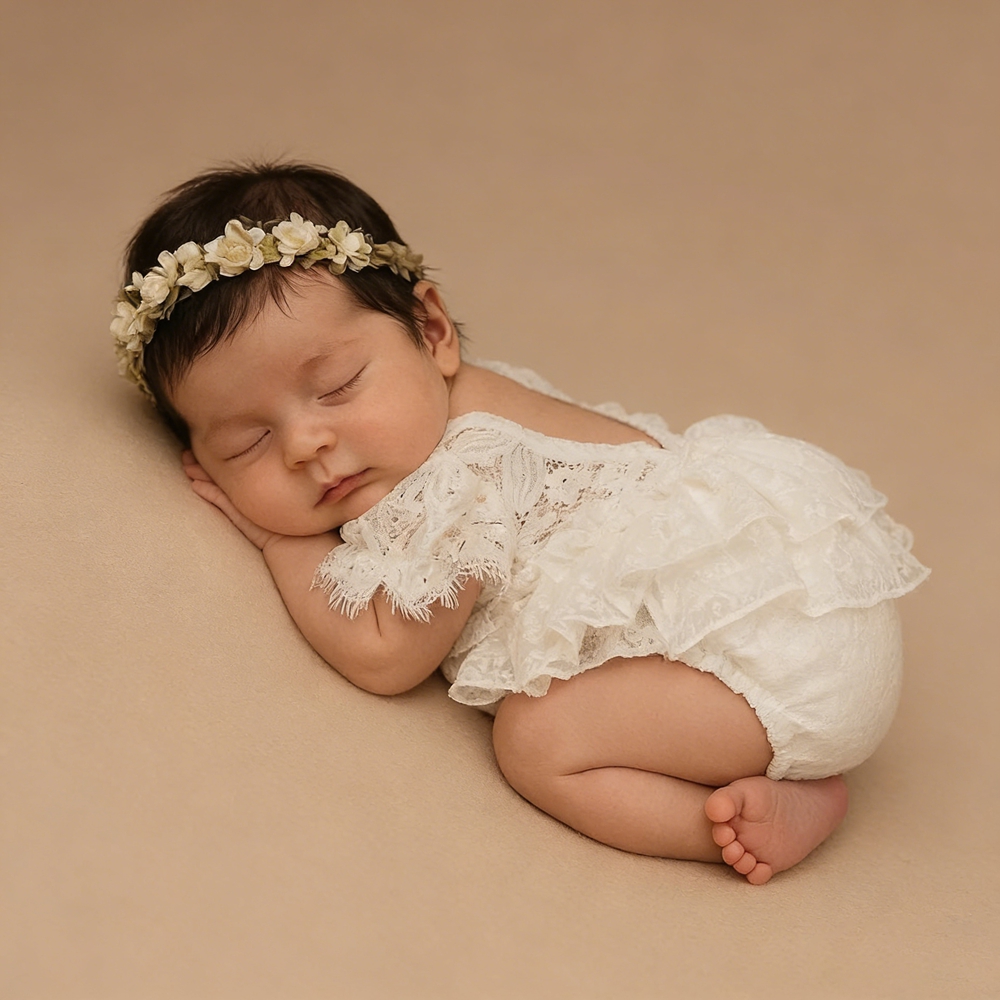 新生児写真撮影衣装女の子白レースオフショルダーフリルロンパー - Newborn Baby Girl Romper Floral のレビューと価格