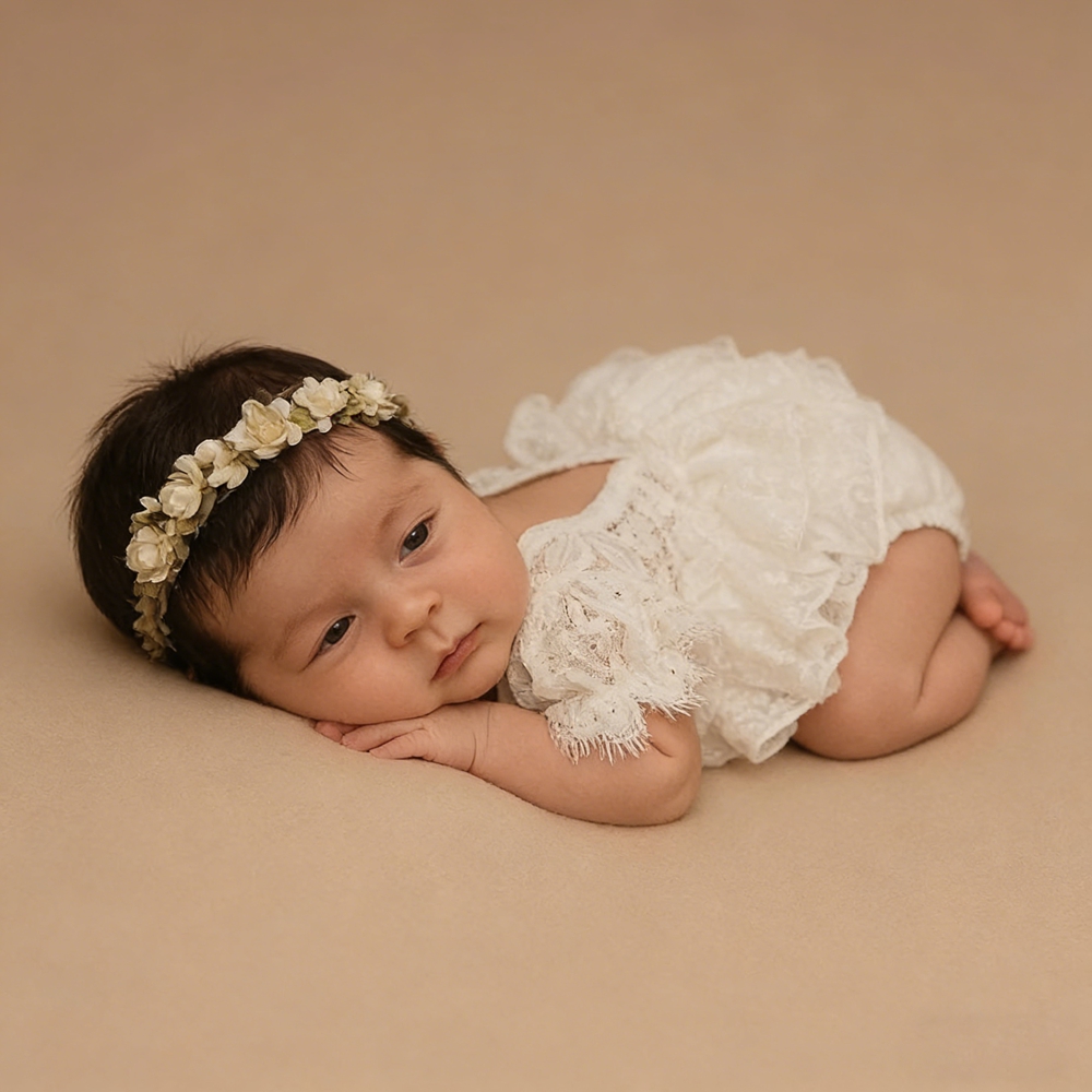 新生児写真撮影衣装女の子白レースオフショルダーフリルロンパー - Newborn Baby Girl Romper Floral のレビューと価格