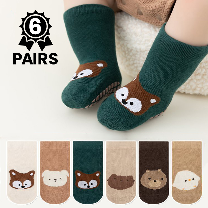 6足組のかわいい漫画動物柄ベビー滑り止めフロアソックス、0- - Unisex Baby Socks Non Slip のレビューと価格