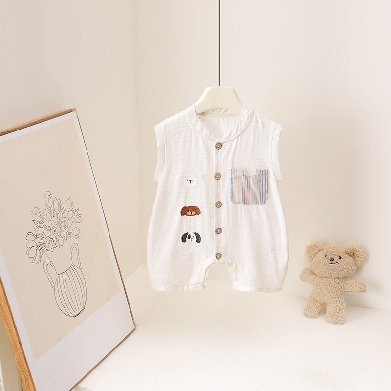 2026年夏 カートゥーンベアープリント 3ヶ月～3歳 ベビ - Baby Summer Linen Sleeveless Jumpsuit のレビューと価格