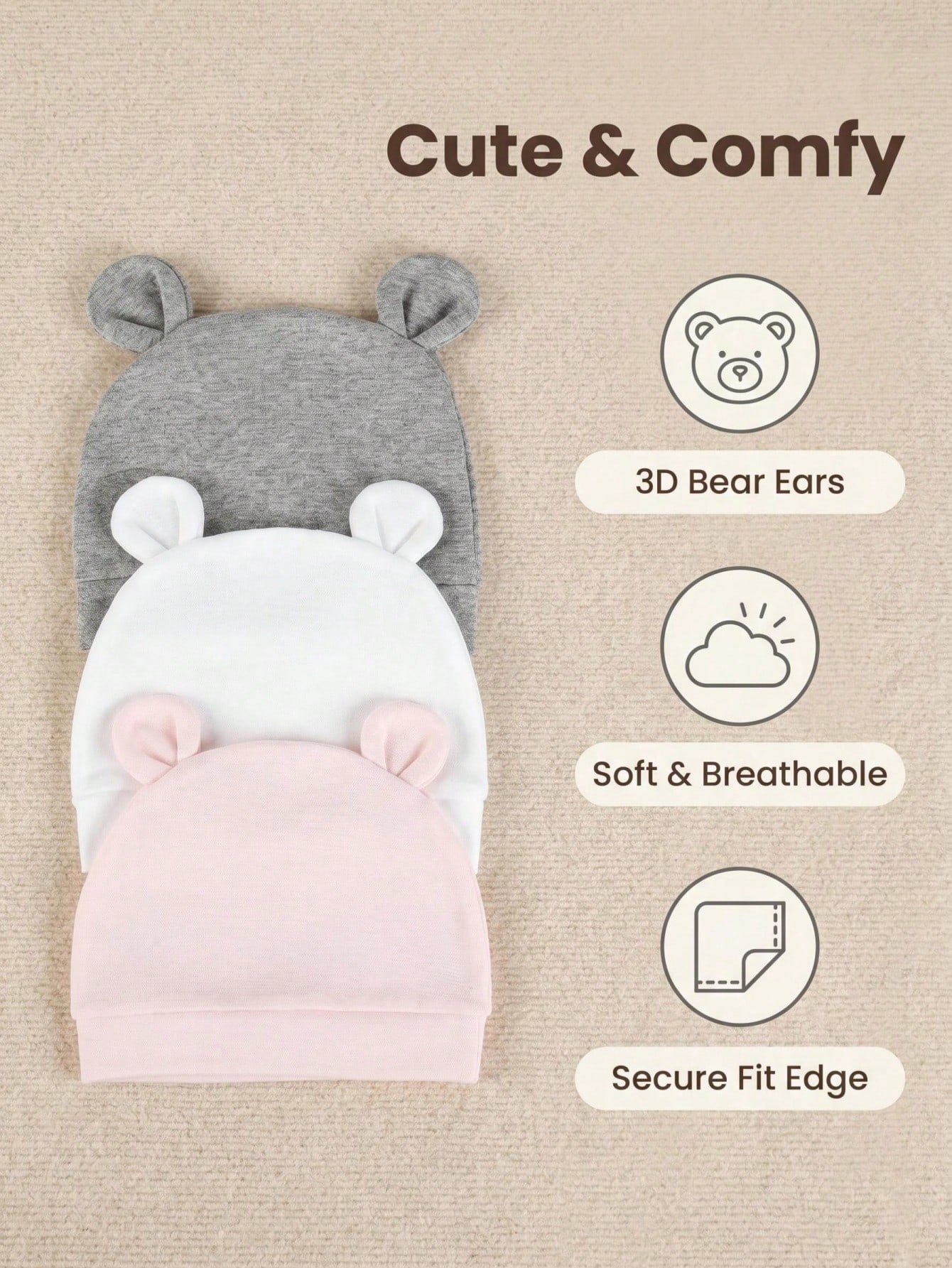 3個セット 新生児用無地単層コットンニットベビービーニーハッ - Infant Beanie Hat With Ears のレビューと価格
