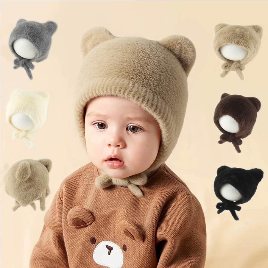 かわいい漫画ベビーニット帽 冬暖かい幼児ふわふわ耳保護無地猫 - Infant Beanie Hat With Ears のレビューと価格