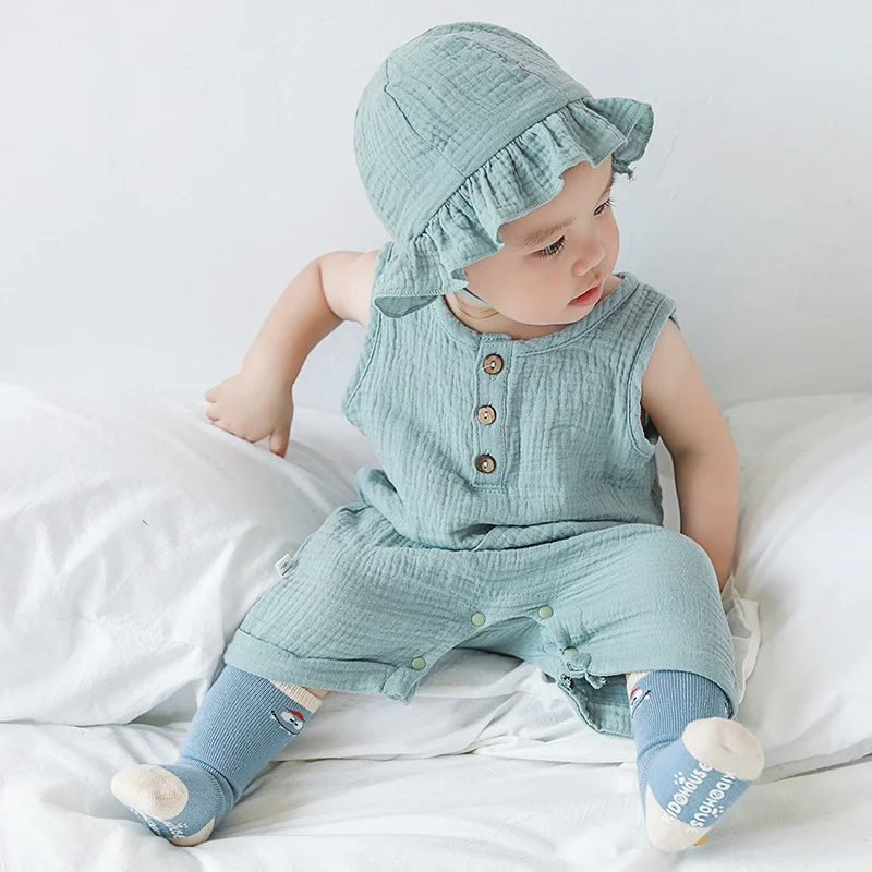 ベビーコットンノースリーブロンパーススーツ、帽子付き新生児ロ - Baby Summer Linen Sleeveless Jumpsuit のレビューと価格
