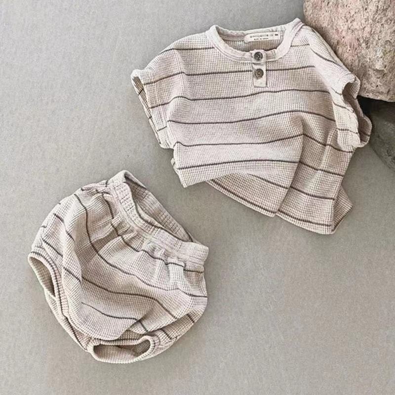 新しい子供半袖スーツストライプガールズボーイズセット夏トップ - Baby Boy Suit Set Baptism のレビューと価格