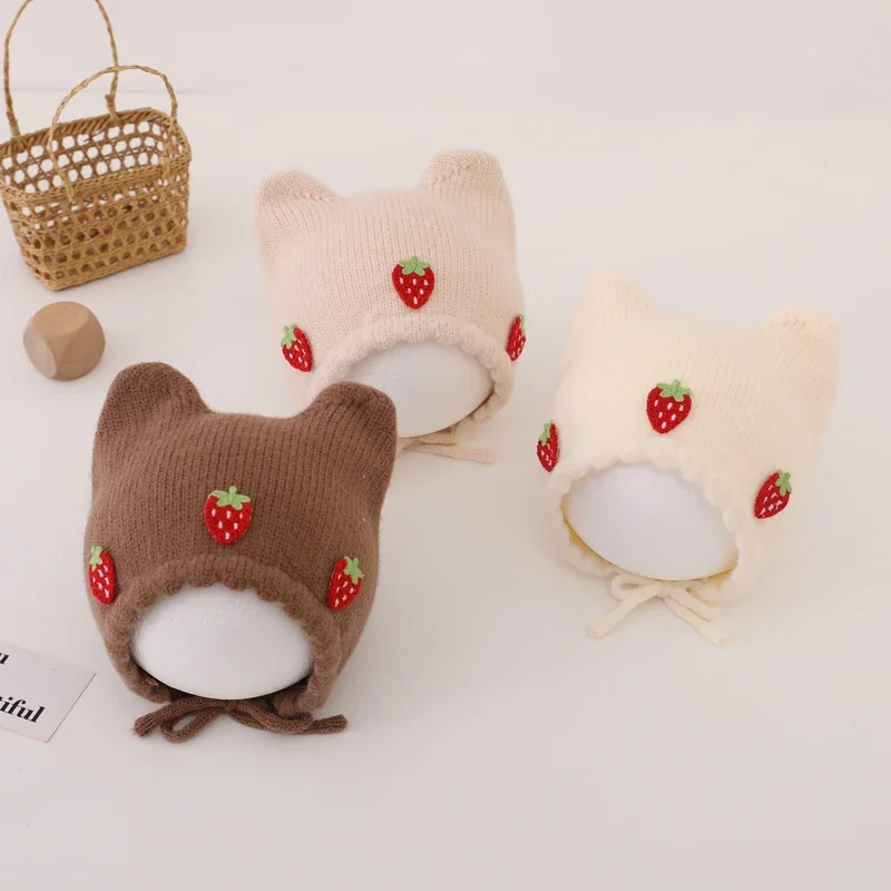 新しい秋冬女の赤ちゃん帽子かわいいイチゴ耳幼児ビーニーキャッ - Infant Beanie Hat With Ears のレビューと価格